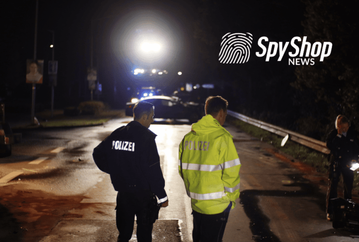 Policjanci na miejscu wypadku drogowego w nocy