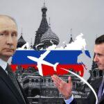 Baszar al-Asad w Moskwie, syryjski dyktator obalony przez rebeliantów, w tle symbole Rosji i Syrii, nawiązujące do azylu politycznego i konfliktu.