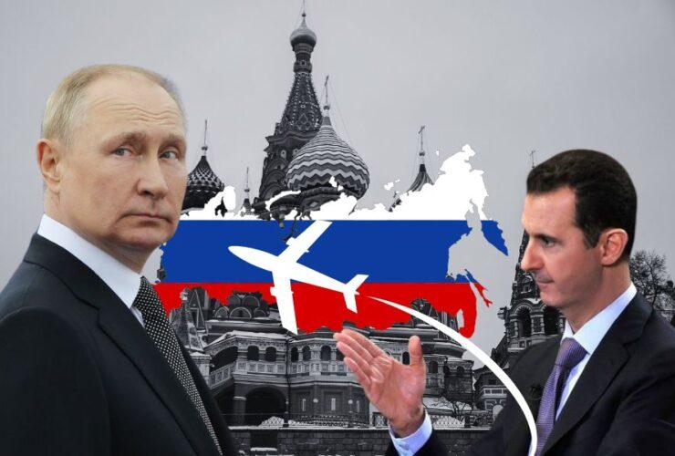Baszar al-Asad w Moskwie, syryjski dyktator obalony przez rebeliantów, w tle symbole Rosji i Syrii, nawiązujące do azylu politycznego i konfliktu.
