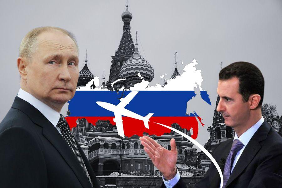 Baszar al-Asad w Moskwie, syryjski dyktator obalony przez rebeliantów, w tle symbole Rosji i Syrii, nawiązujące do azylu politycznego i konfliktu.